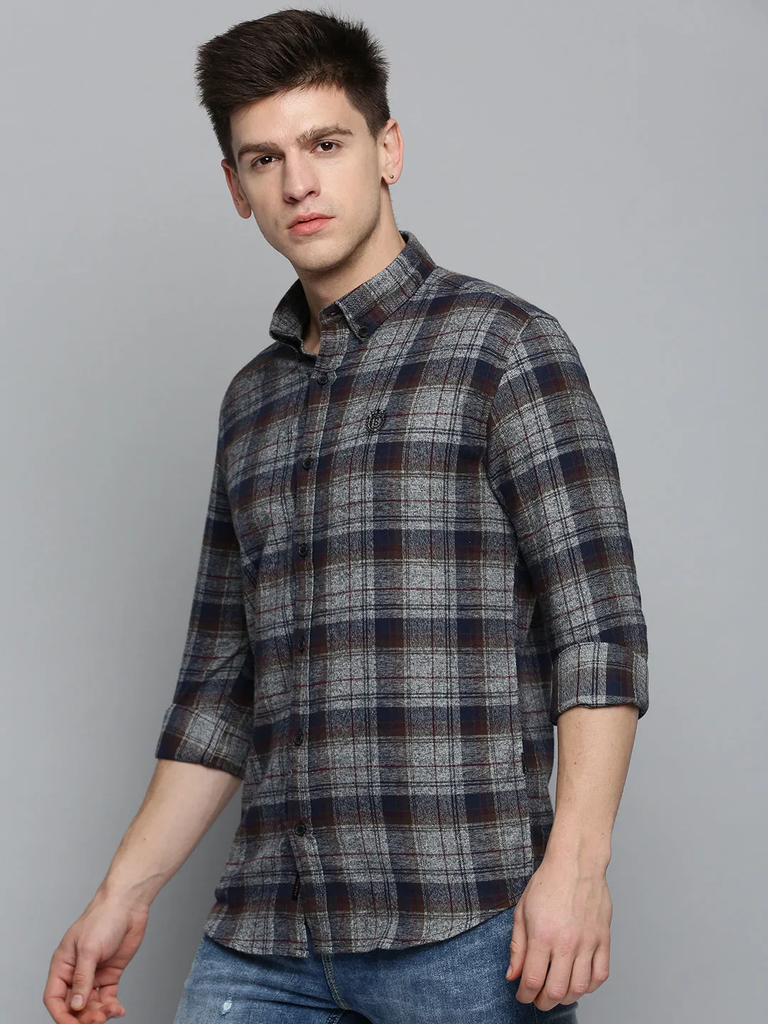 Men Grey Comfort Tartan Twill Checked Casual Cotton Shirt