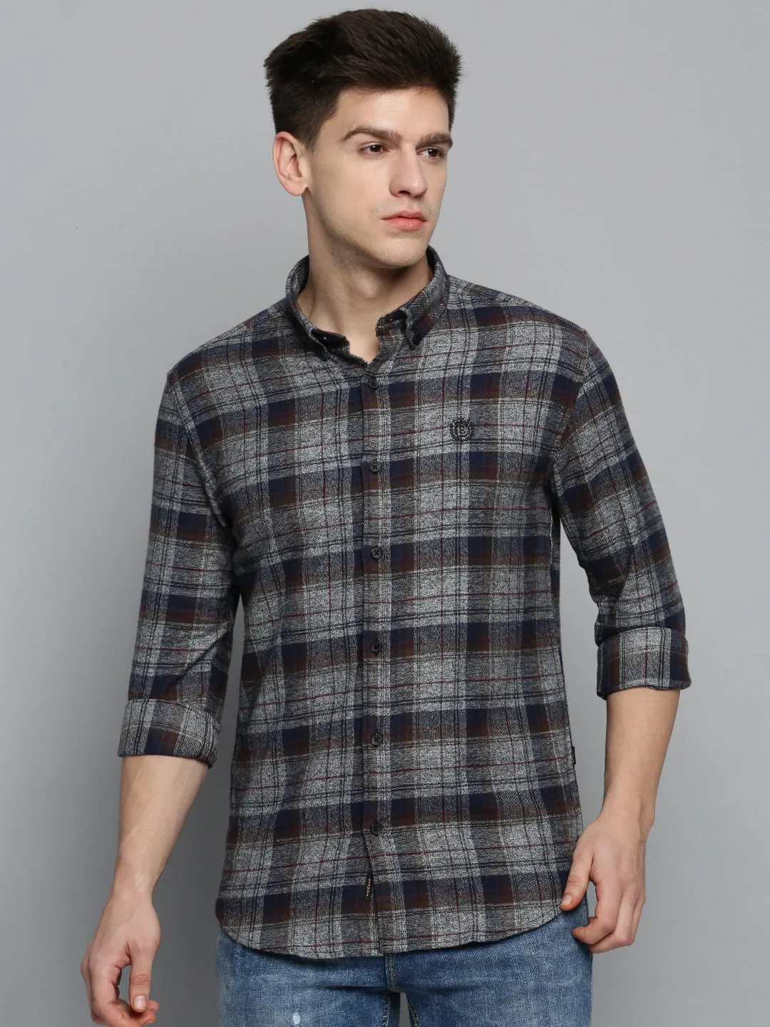 Men Grey Comfort Tartan Twill Checked Casual Cotton Shirt