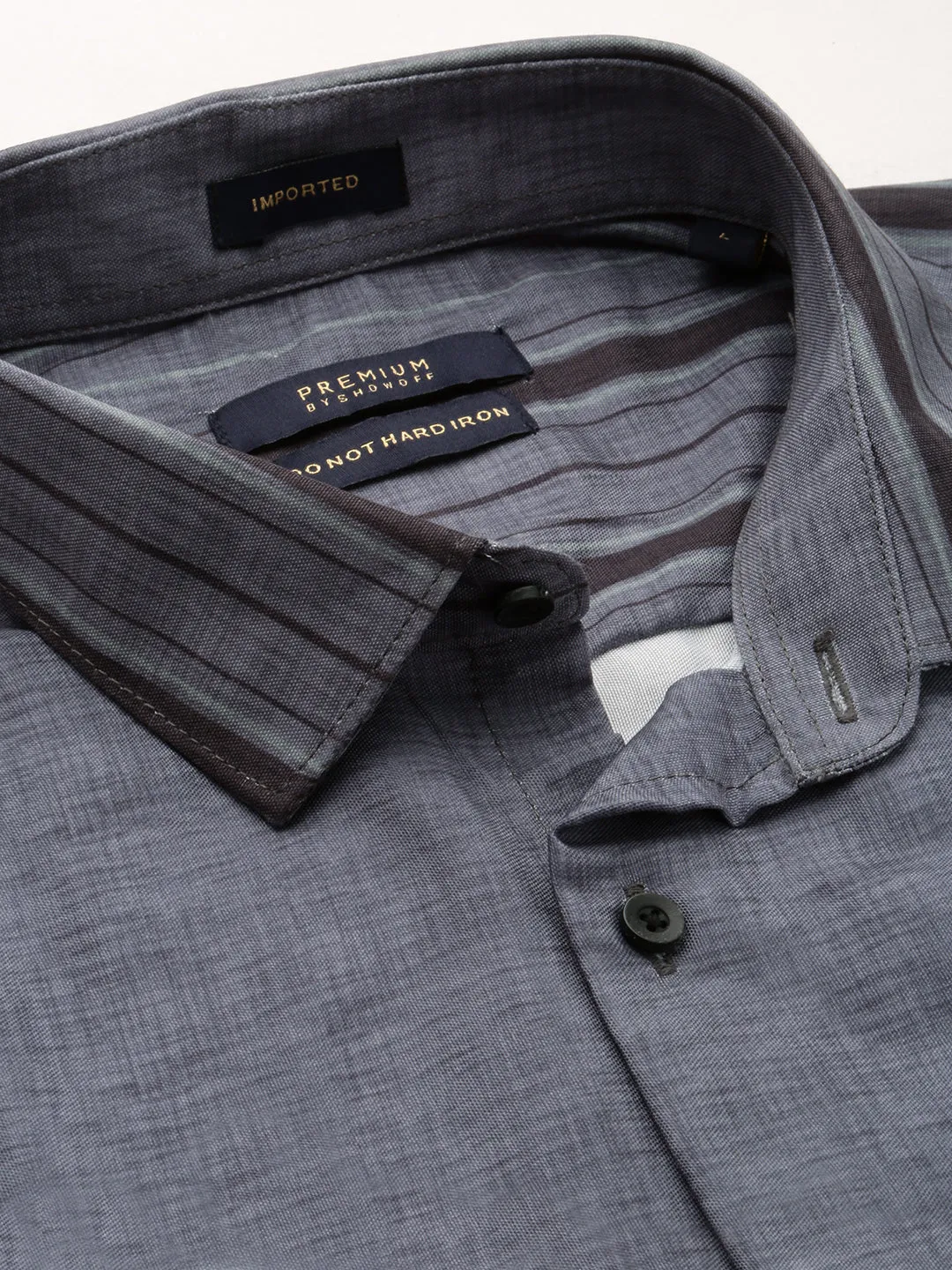 Men Grey Premium Slim Fit Horizontal Stripes Chambray Cotton Casual Shirt