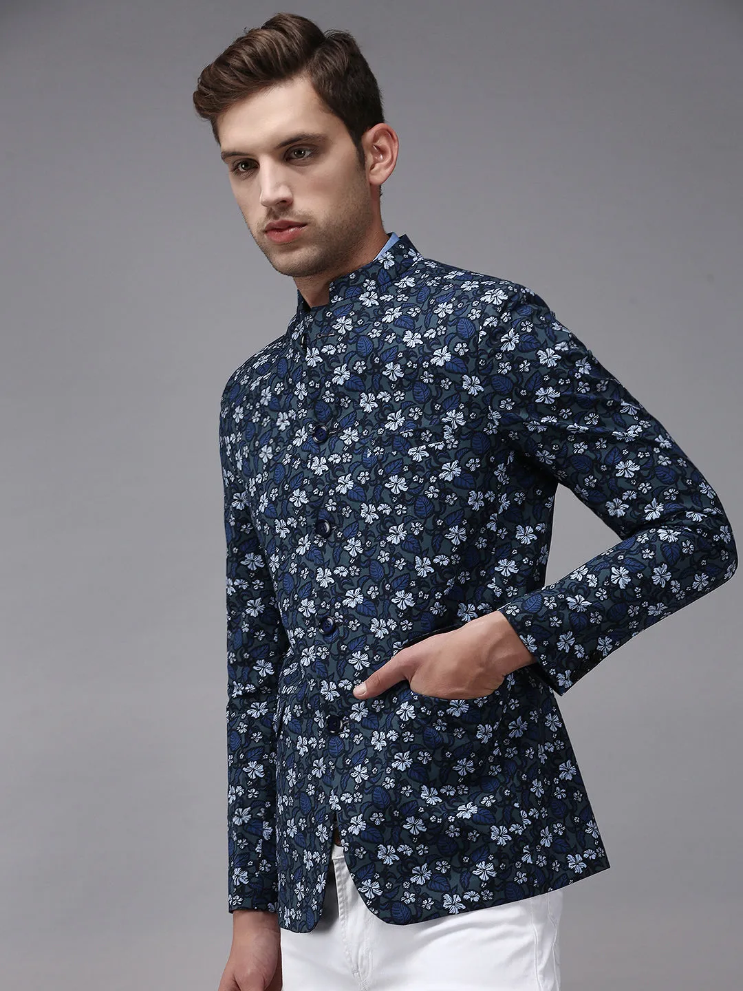 Men Grey Printed Single- Breasted Blazers