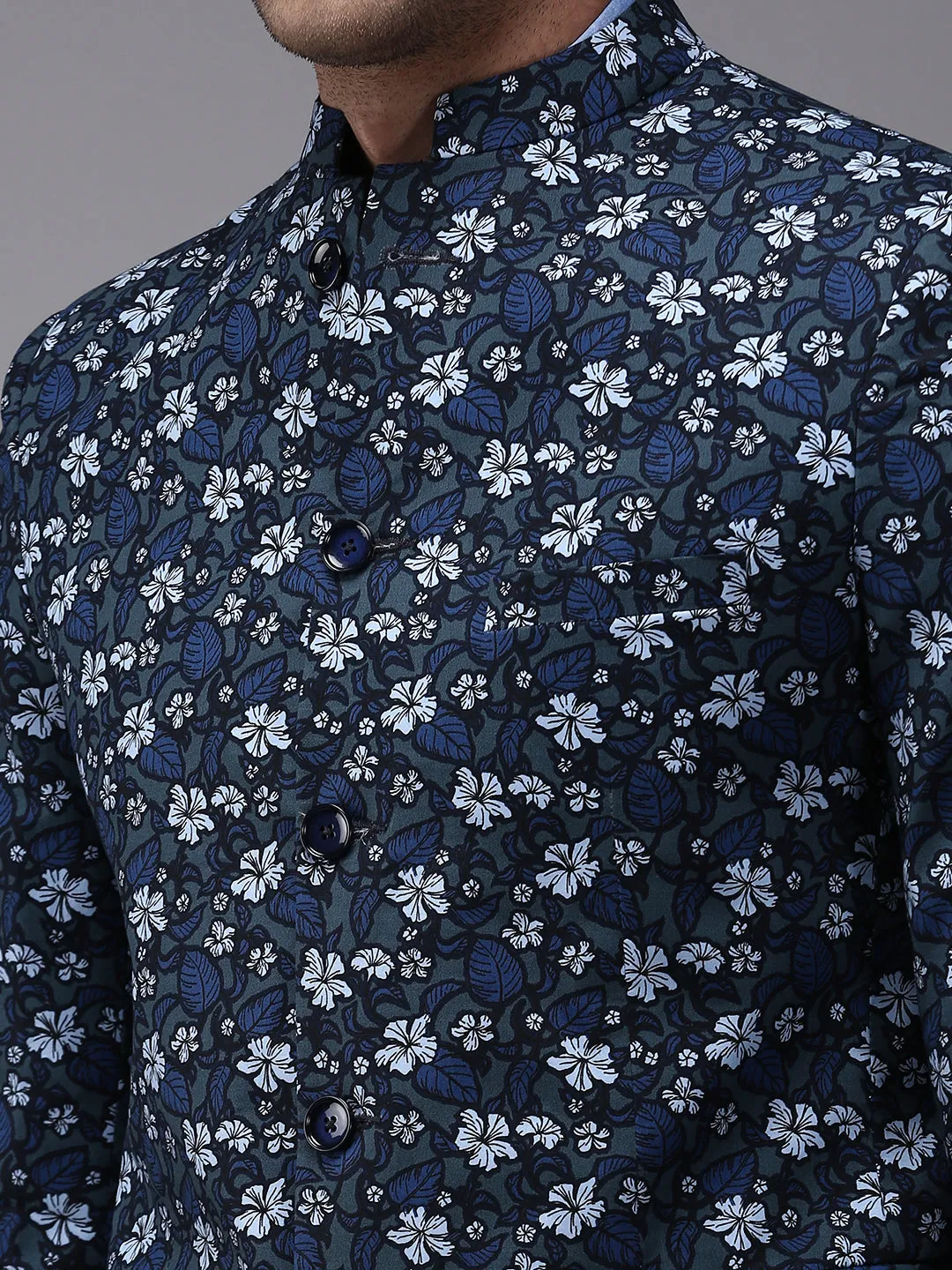 Men Grey Printed Single- Breasted Blazers