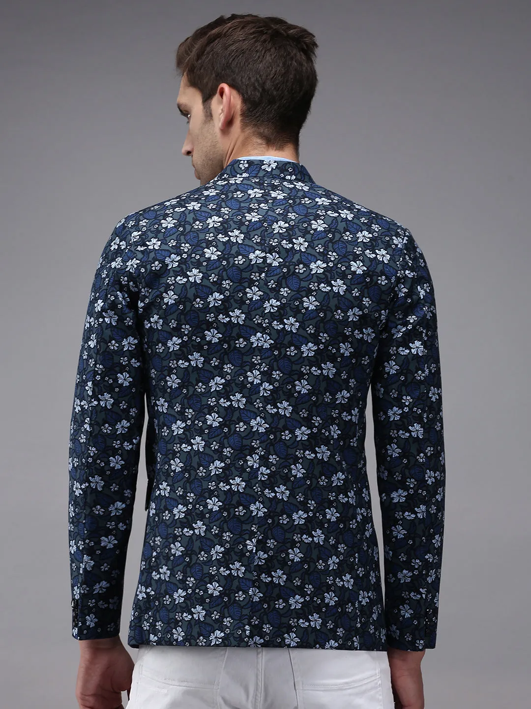 Men Grey Printed Single- Breasted Blazers