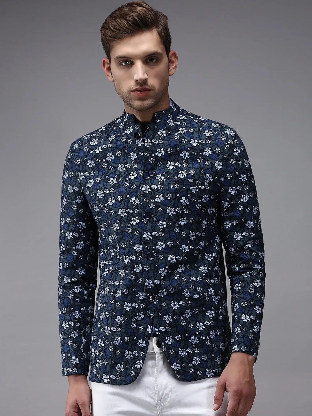 Men Grey Printed Single- Breasted Blazers