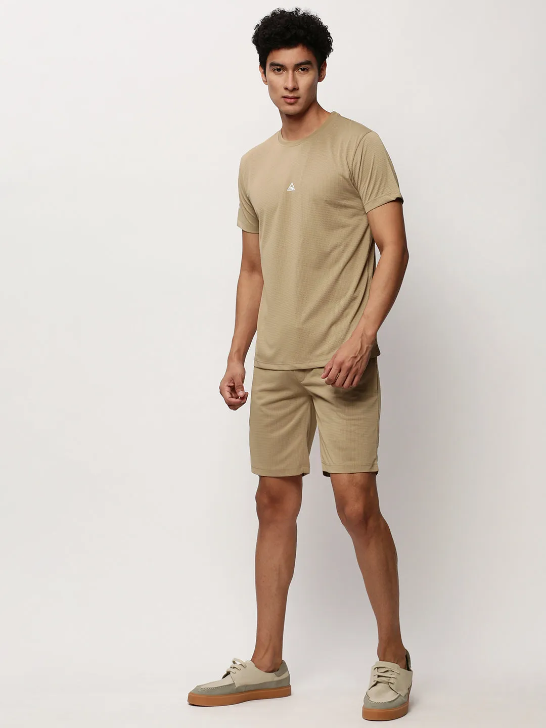 Men Khaki Round Neck Self Design T-Shirt & Shorts Co ords Set