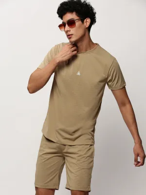 Men Khaki Round Neck Self Design T-Shirt & Shorts Co ords Set
