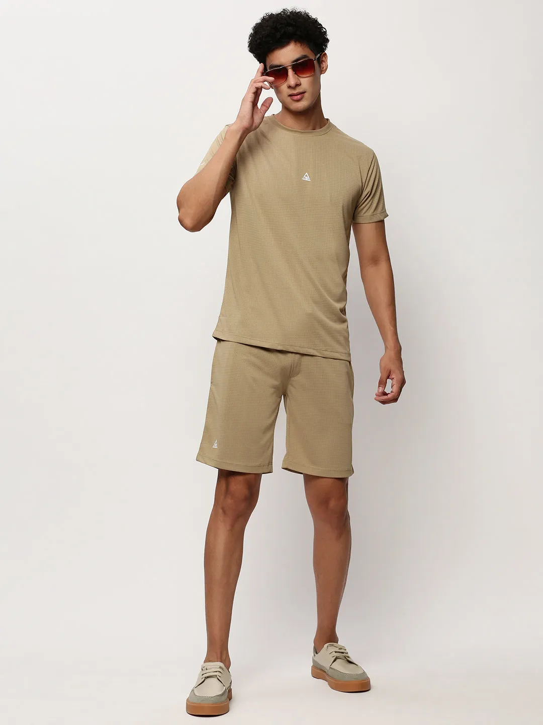 Men Khaki Round Neck Self Design T-Shirt & Shorts Co ords Set