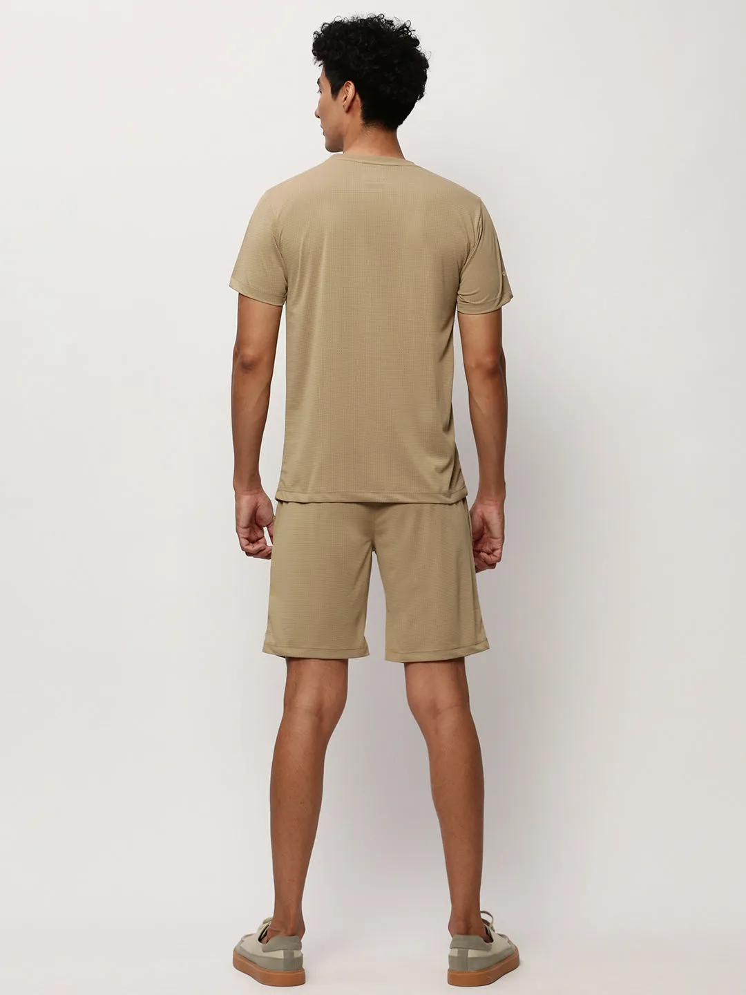 Men Khaki Round Neck Self Design T-Shirt & Shorts Co ords Set