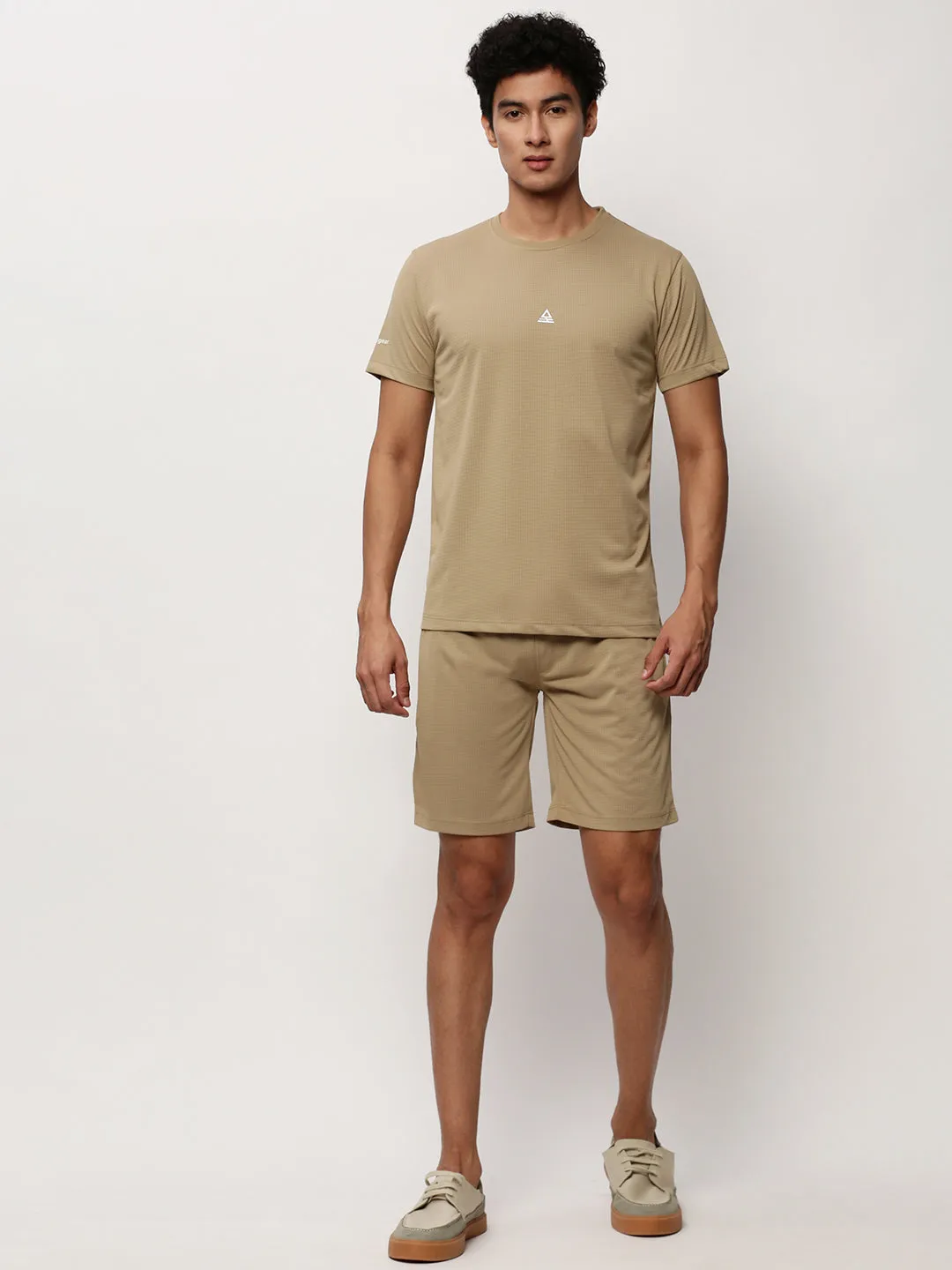 Men Khaki Round Neck Self Design T-Shirt & Shorts Co ords Set