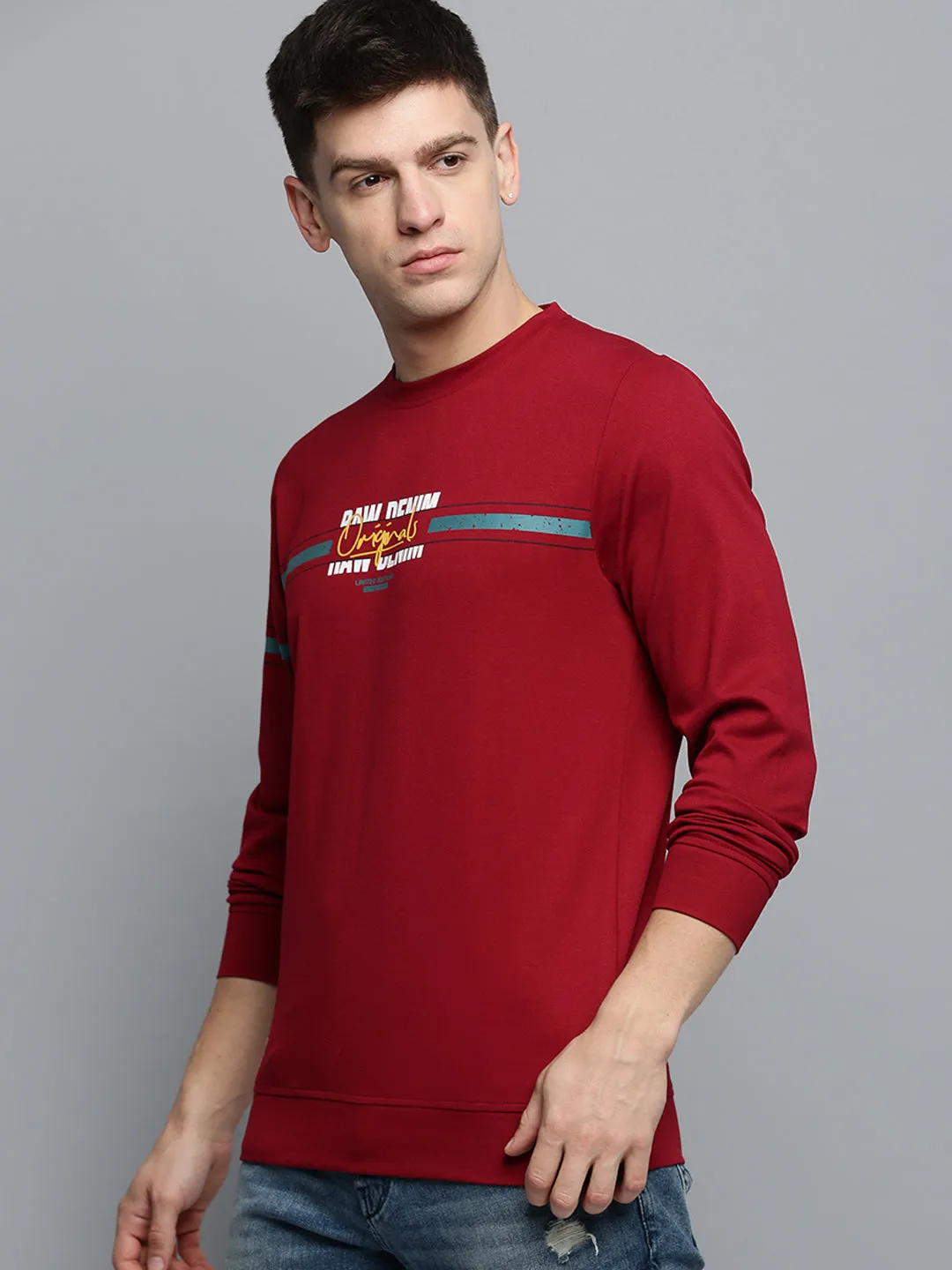 Men Maroon Printed Round Neck Sweatshirt