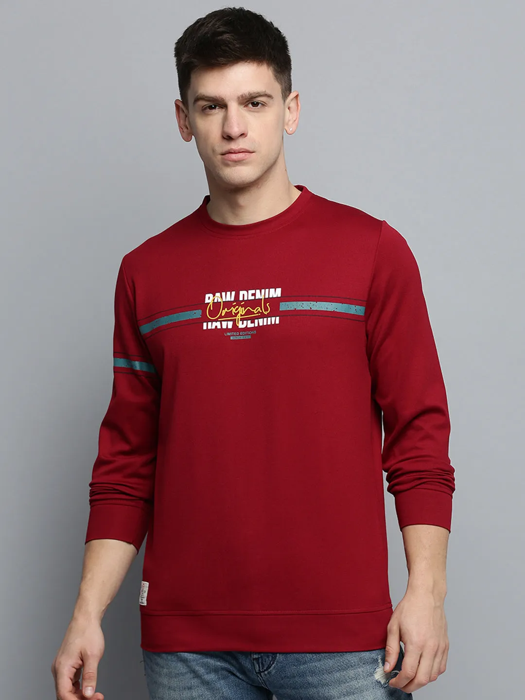 Men Maroon Printed Round Neck Sweatshirt