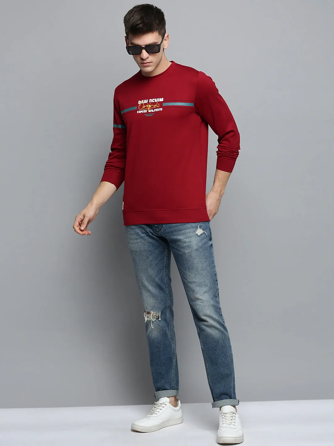 Men Maroon Printed Round Neck Sweatshirt