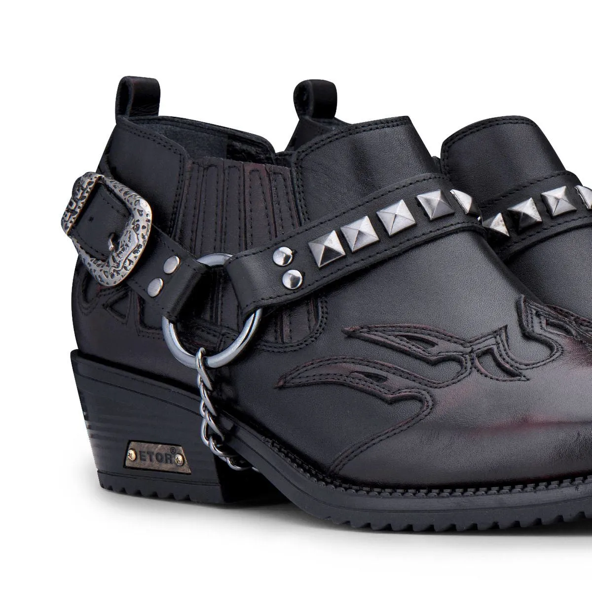 Men's Black Leather Winklepicker Studded Western Biker Shoes