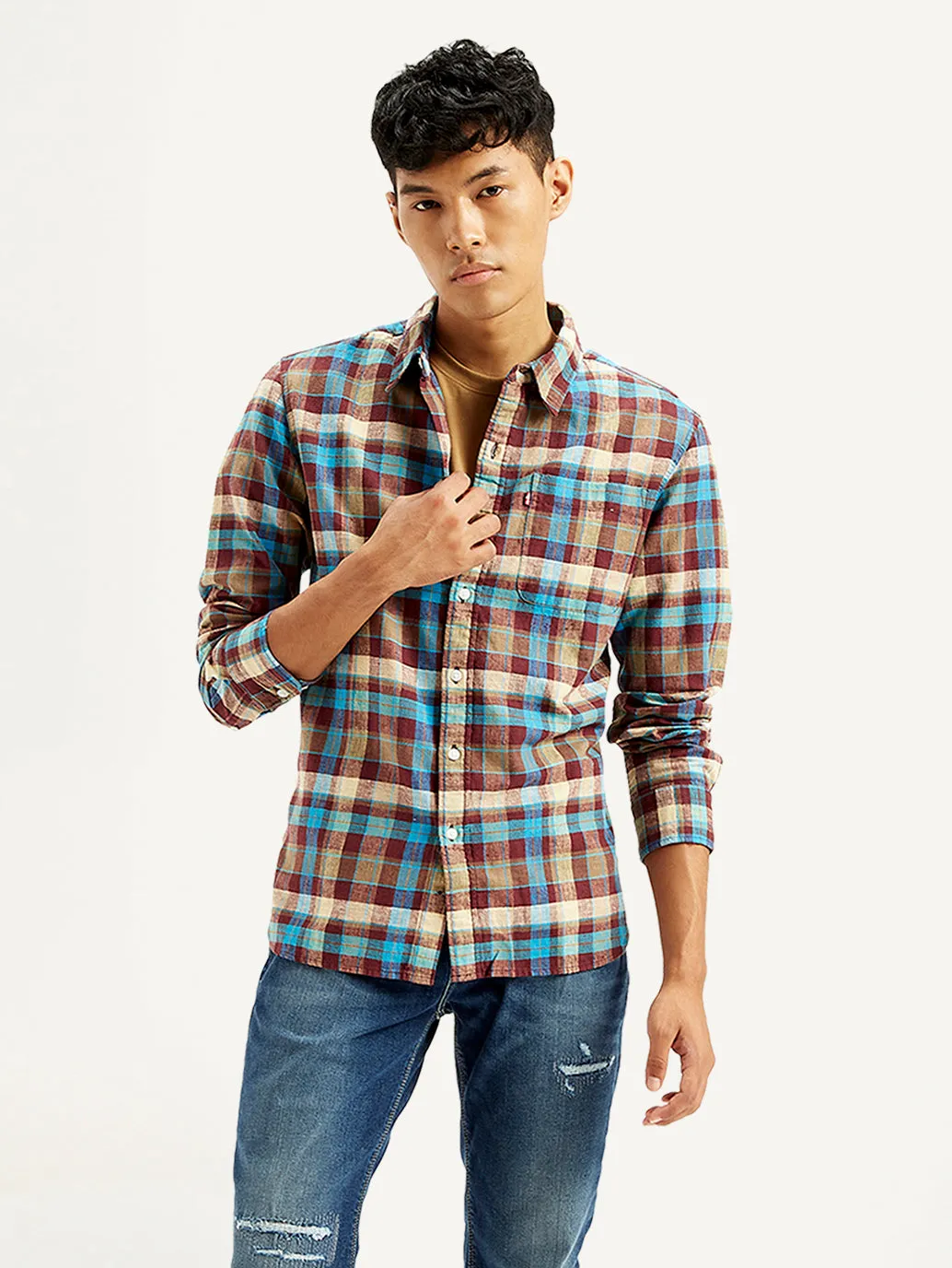 Men's Checkered Spread Collar Shirt