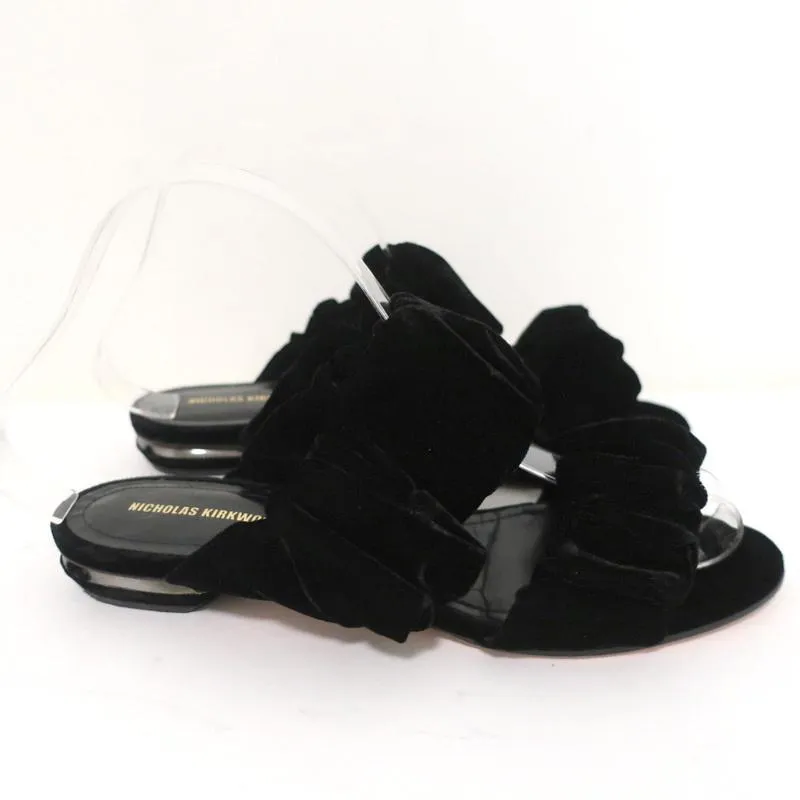 Nicholas Kirkwood Courtney Slide Sandals Black Velvet Size 37 Double-Band Flats