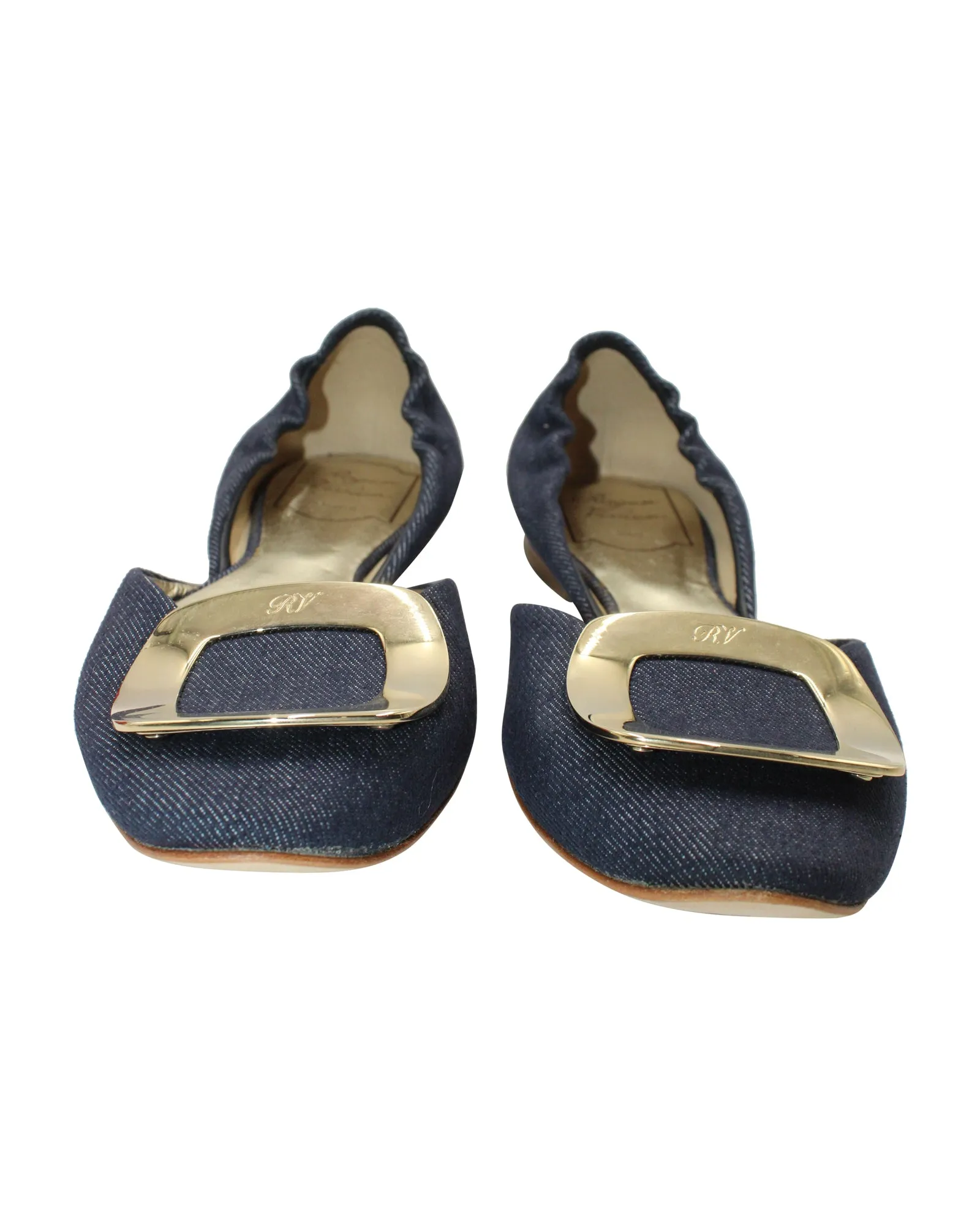 Roger Vivier Chip Buckle D'orsay Flats in Navy Blue Denim