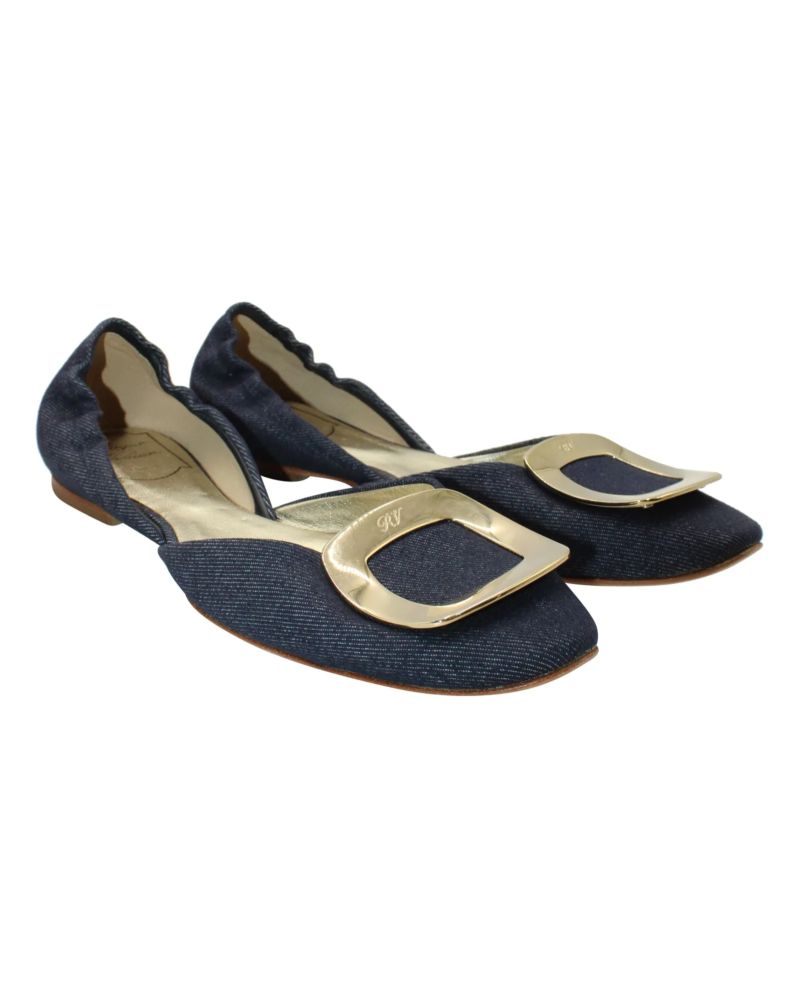 Roger Vivier Chip Buckle D'orsay Flats in Navy Blue Denim