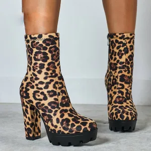Sexy Leopard Printed Chunky Heels Round Toe Women Ankle Boots