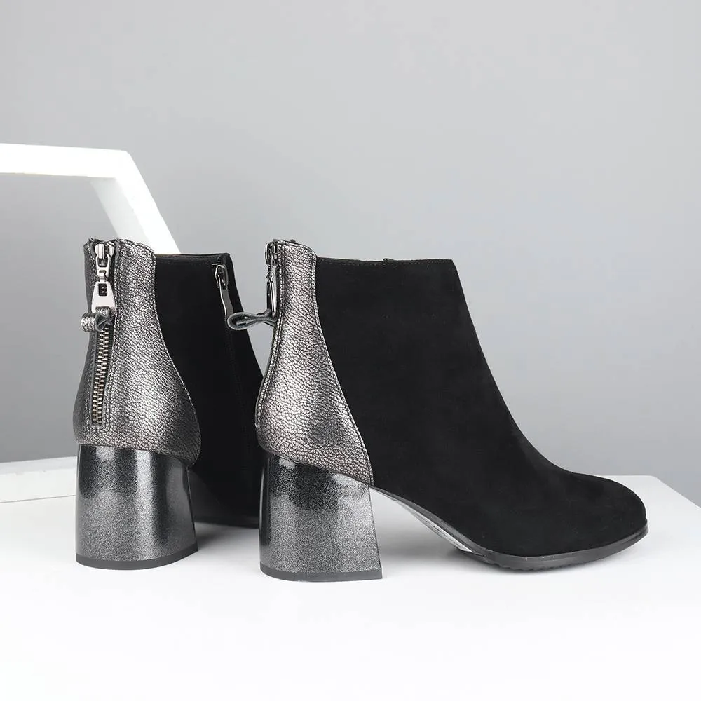 Silver Zipper Square Heels Boots