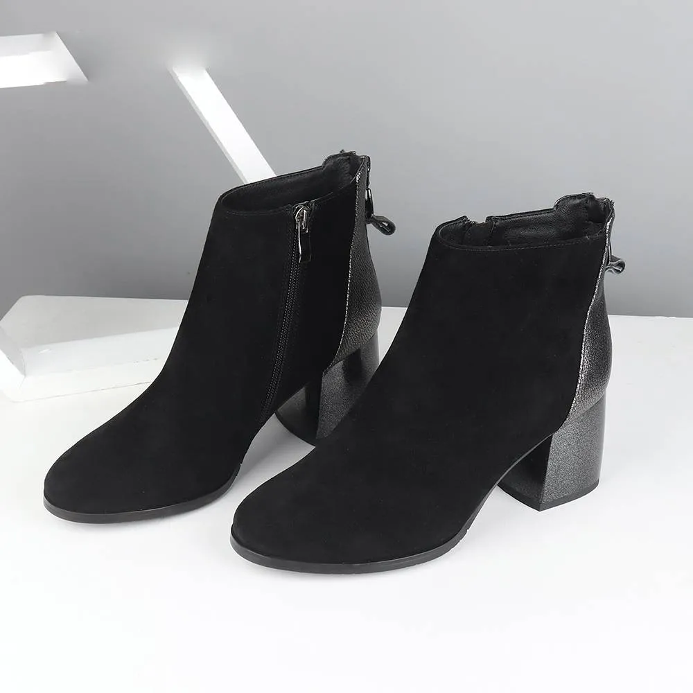 Silver Zipper Square Heels Boots