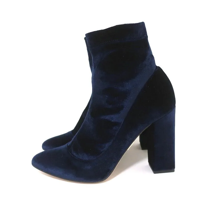Tamara Mellon Ankle Boots Caress Navy Stretch Velvet Size 41 High Heel Booties