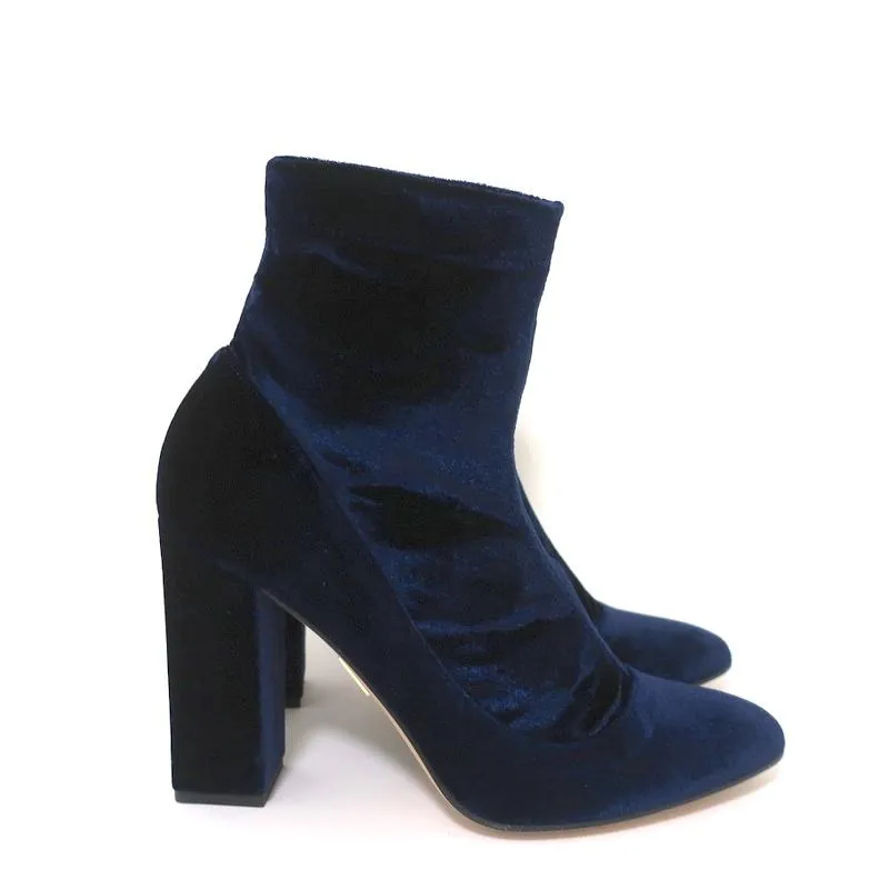 Tamara Mellon Ankle Boots Caress Navy Stretch Velvet Size 41 High Heel Booties