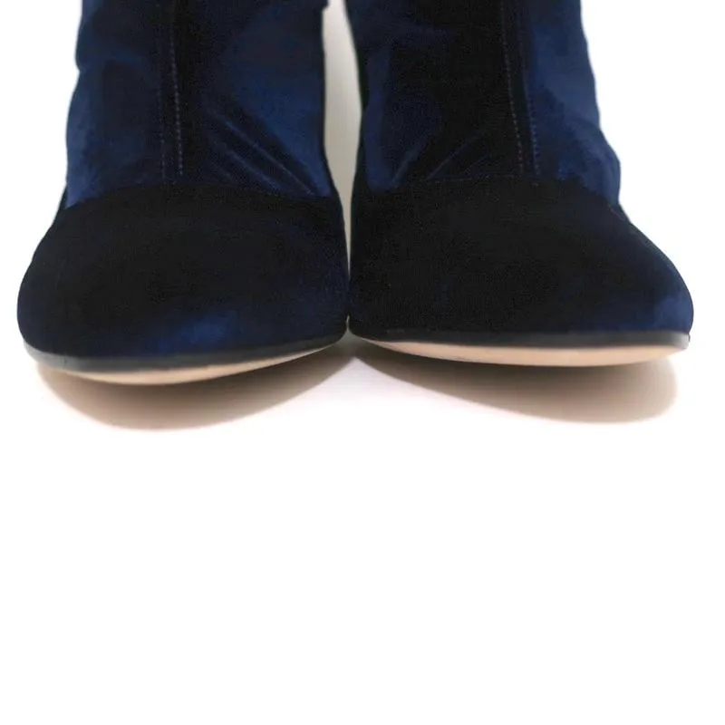 Tamara Mellon Ankle Boots Caress Navy Stretch Velvet Size 41 High Heel Booties