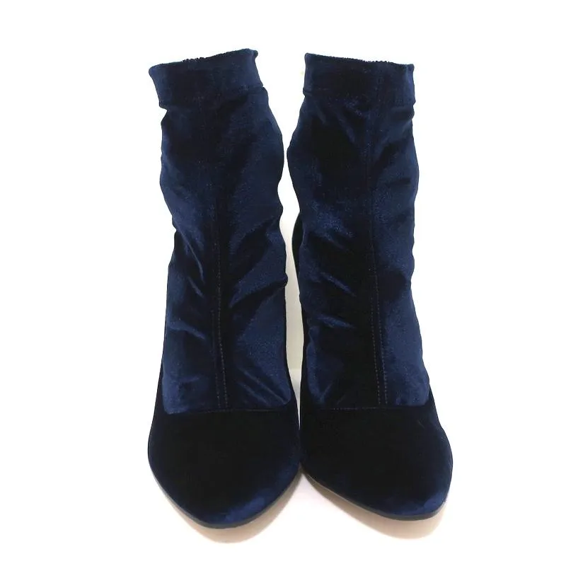 Tamara Mellon Ankle Boots Caress Navy Stretch Velvet Size 41 High Heel Booties