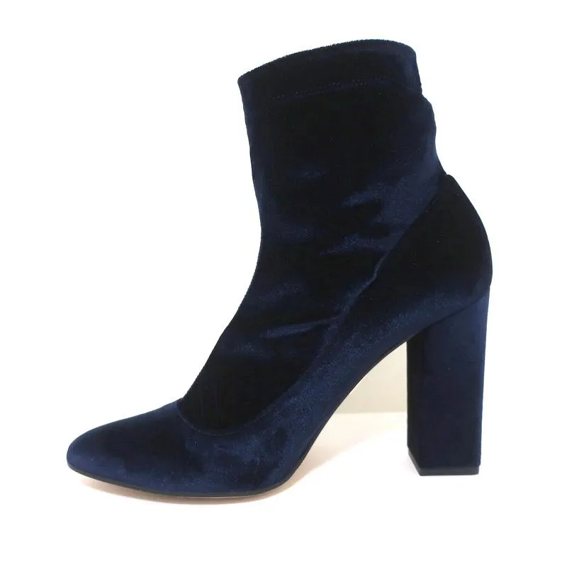 Tamara Mellon Ankle Boots Caress Navy Stretch Velvet Size 41 High Heel Booties
